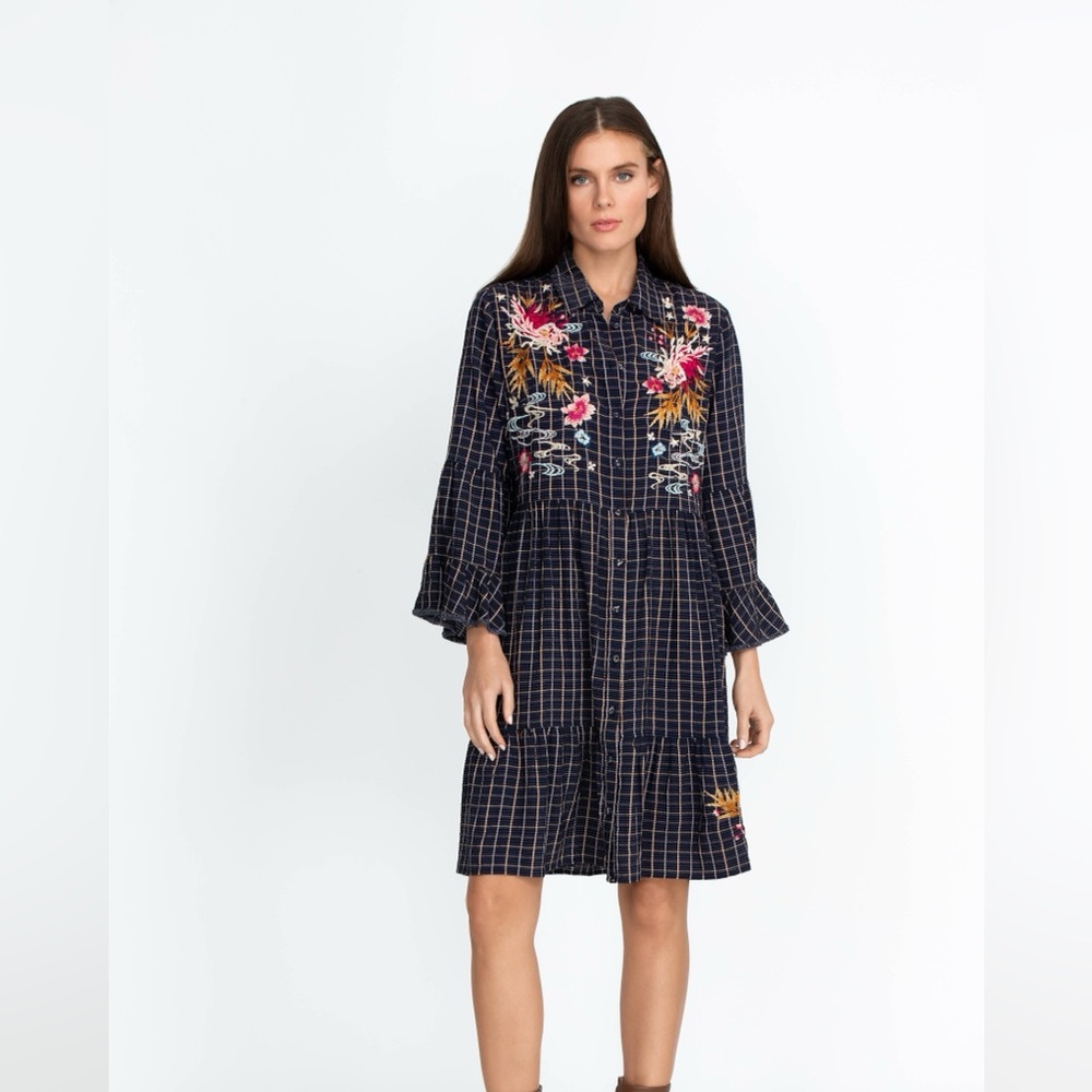Jonny Was‎ Embroidered Navy Checkered Dress size S